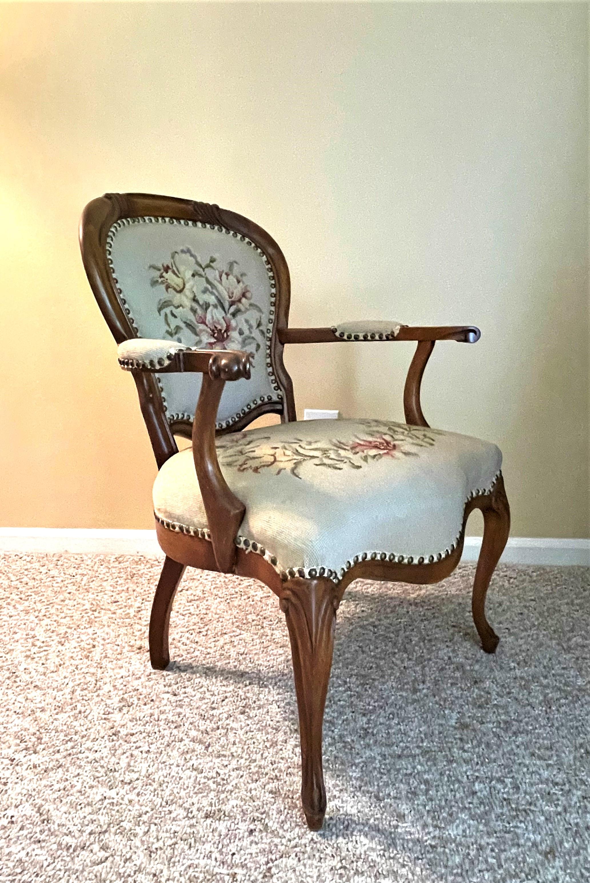 20th Century 1920s French Walnut Accent Chair with Needlepoint Upholstery For Sale