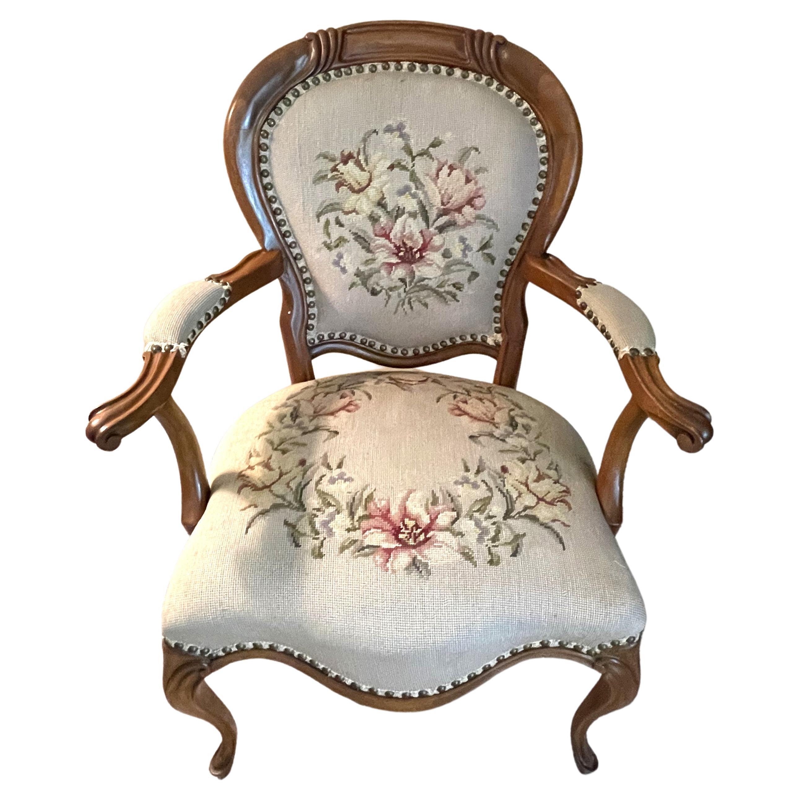 1920s French Walnut Accent Chair with Needlepoint Upholstery