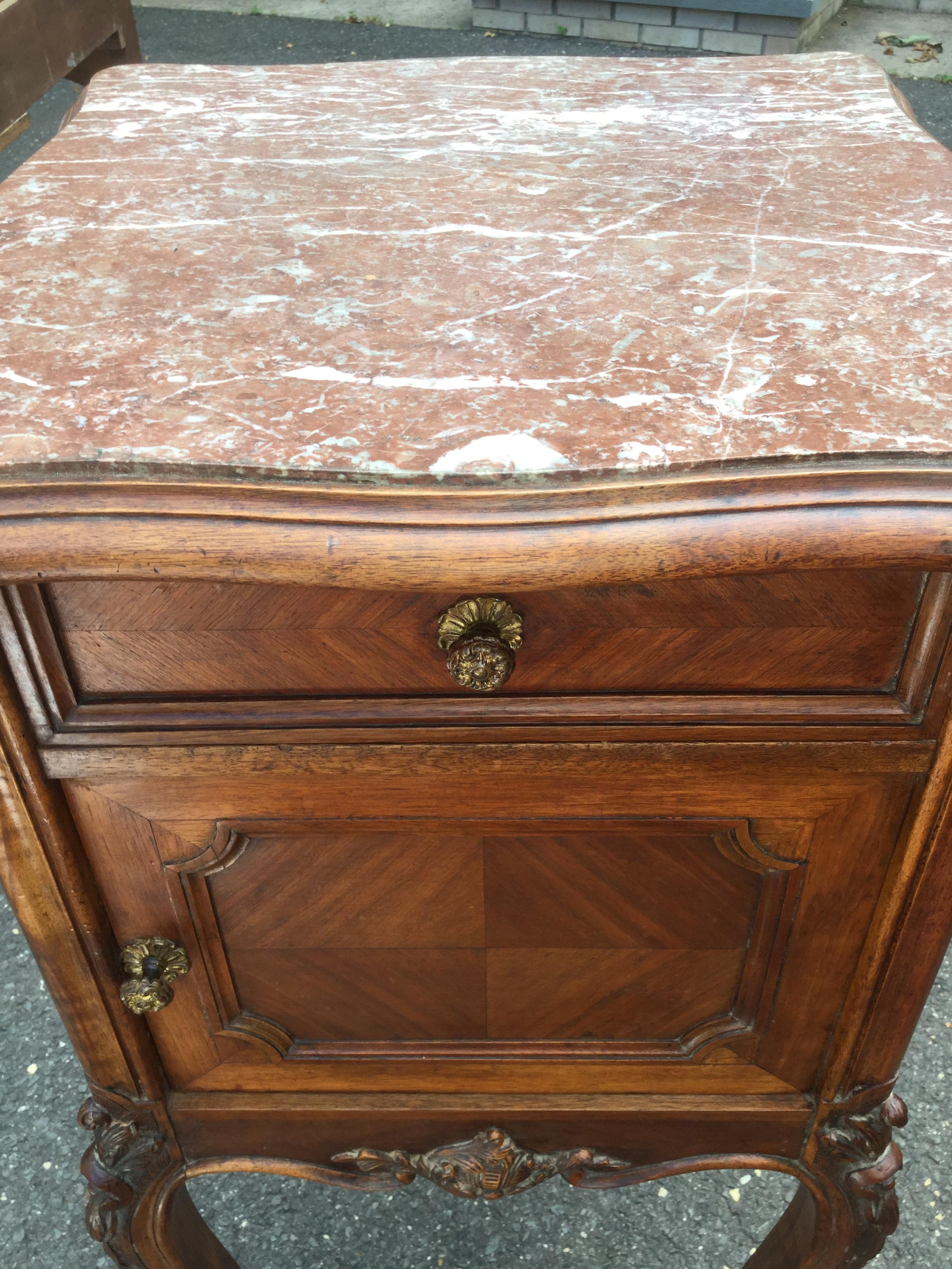 Louis XV 1920s French Walnut Side Table with Marble Top