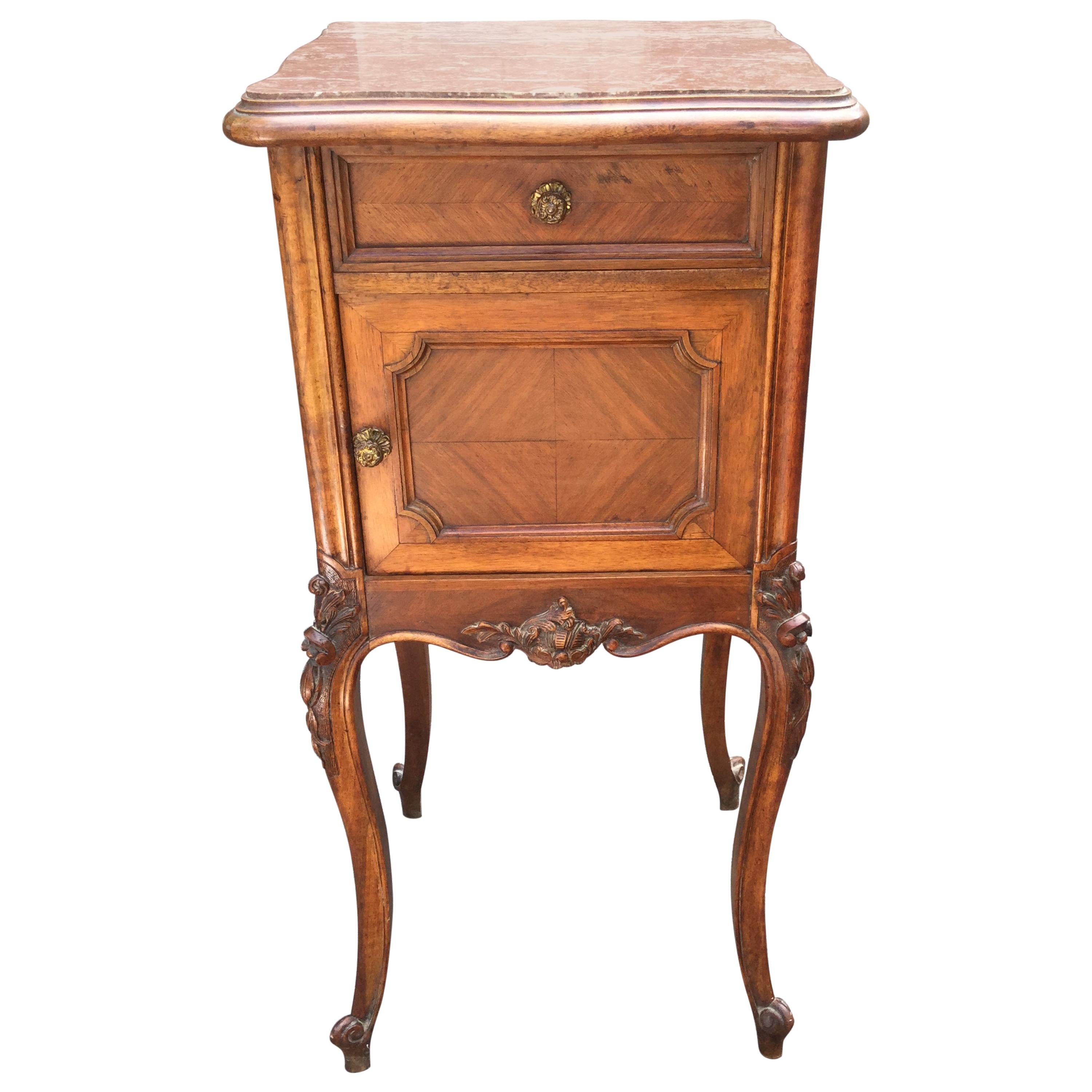 1920s French Walnut Side Table with Marble Top