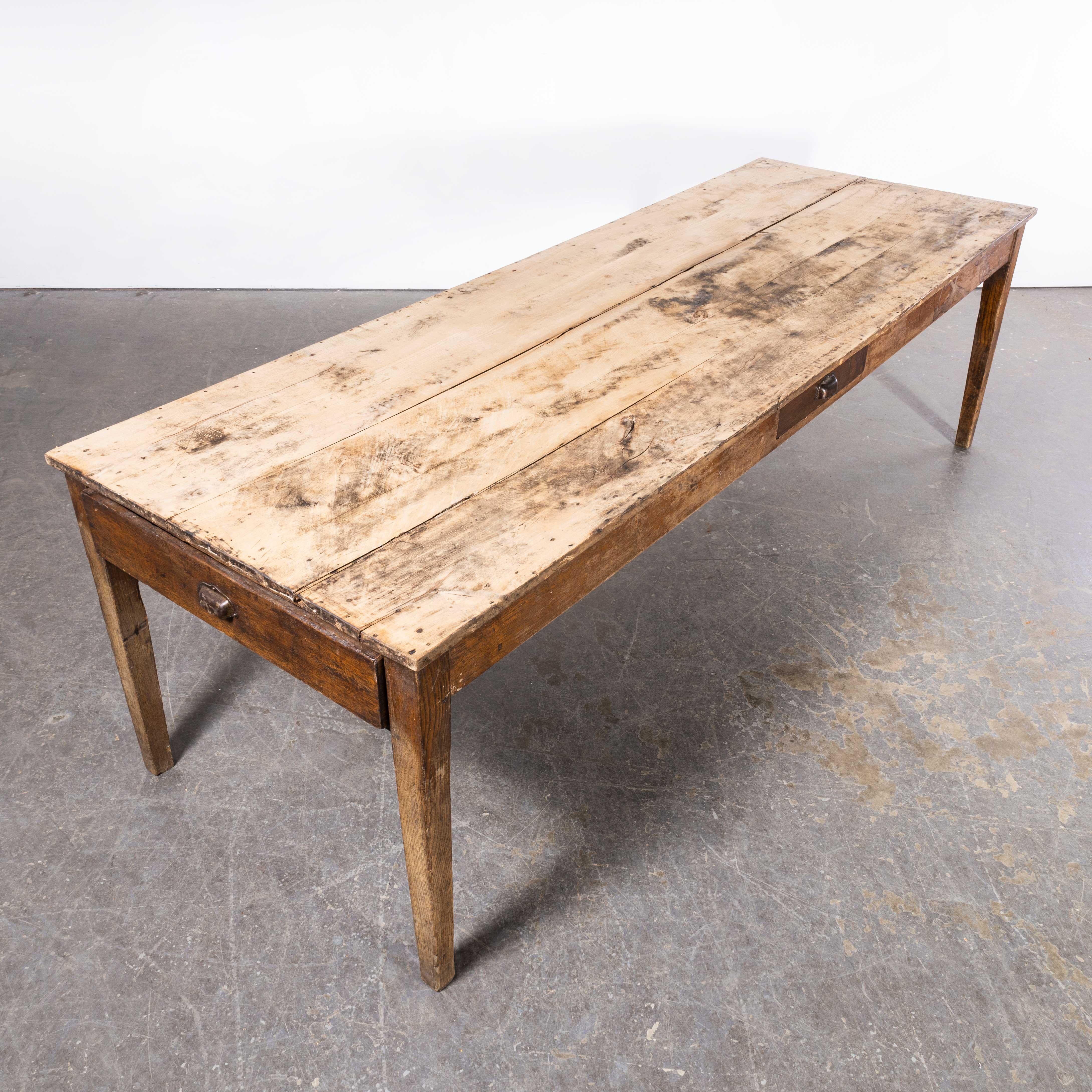 1920's  French Wild Oak Rectangular Farmhouse Dining Table - Scrubbed Top 1