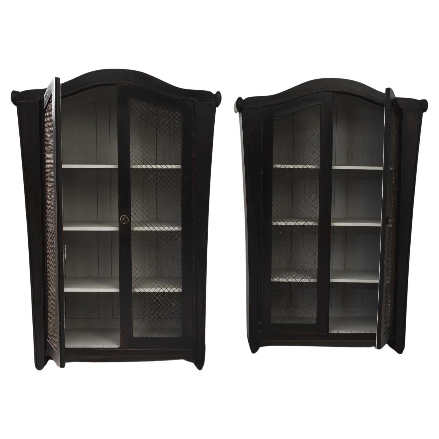 Transporting us to the Art Deco era of 1920s France, this pair of black-patinated wood cabinets exudes the sleek sophistication and avant-garde charm of the period. Crafted with meticulous attention to detail, these cabinets embody the essence of