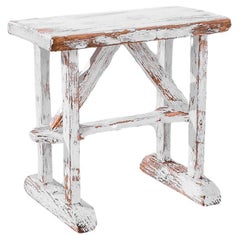 Antique 1920s French Wood White Patinated Stool