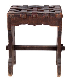 1920s French Wooden Stool with Stringed Leather Seat