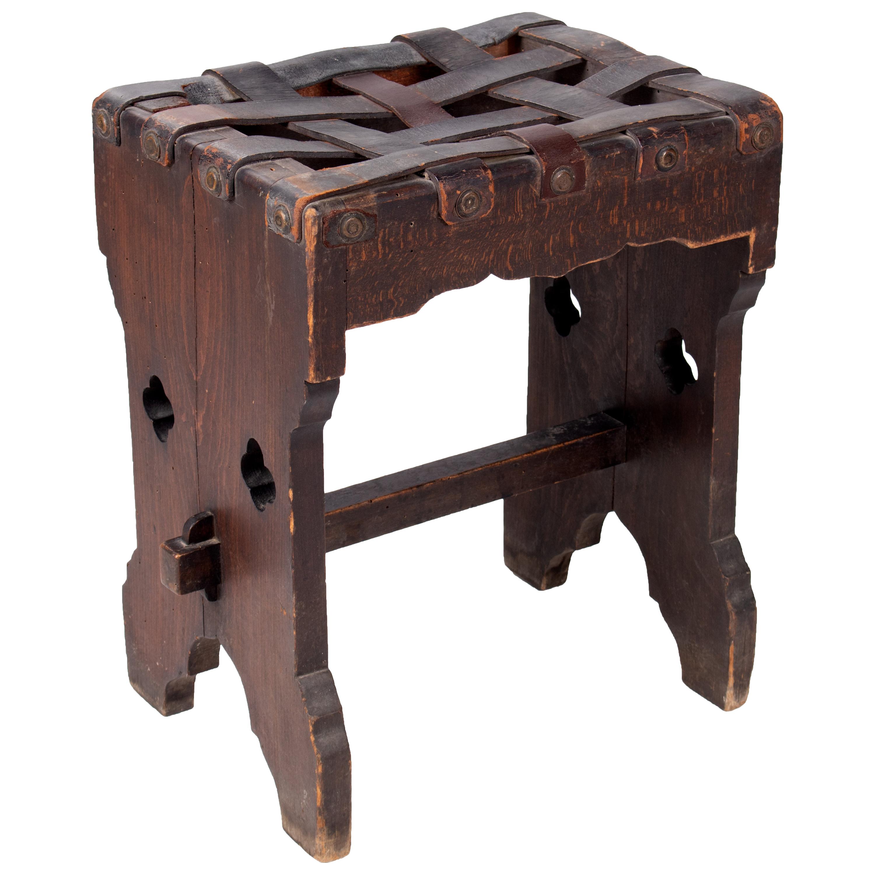 1920s French Wooden Stool with Stringed Leather Seat