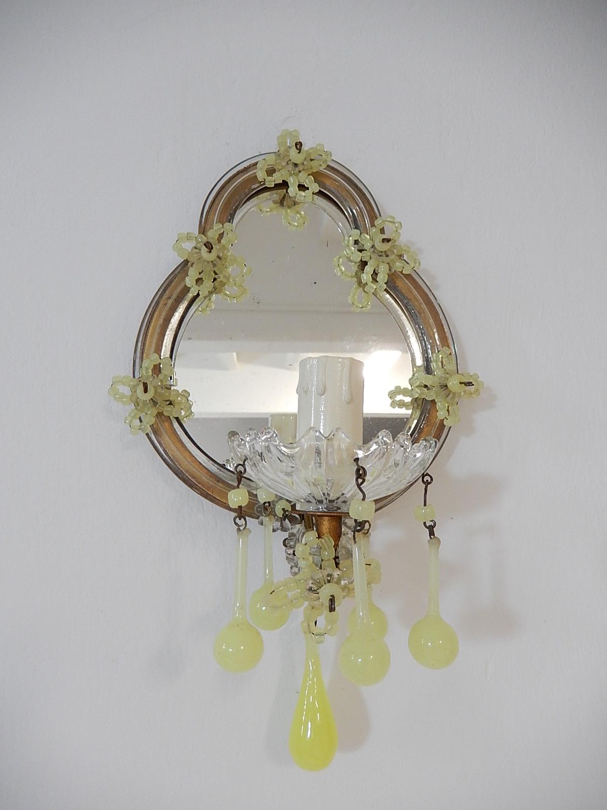 Early 20th Century 1920s French Yellow Opaline Murano Glass Mirrored Sconces