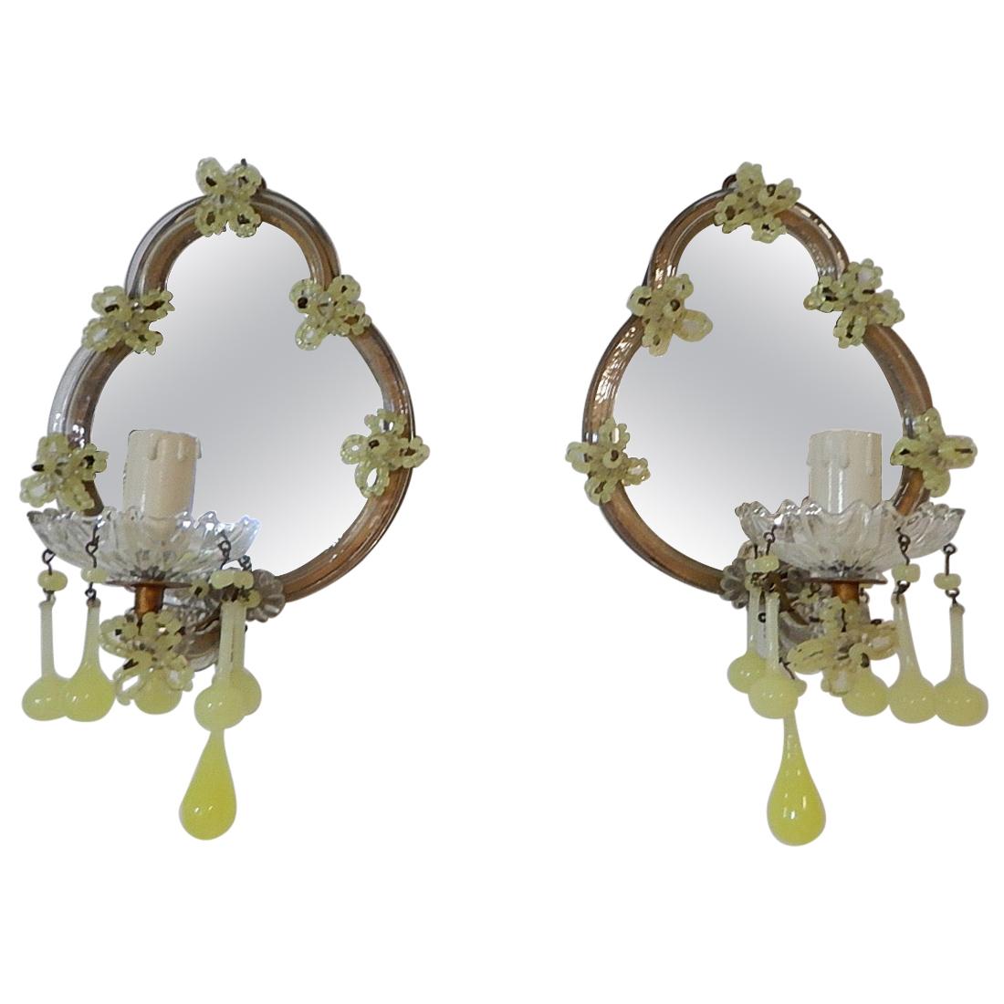1920s French Yellow Opaline Murano Glass Mirrored Sconces