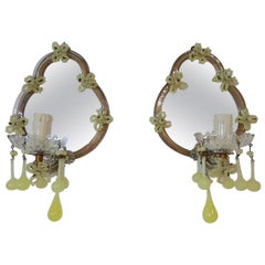 1920s French Yellow Opaline Murano Glass Mirrored Sconces