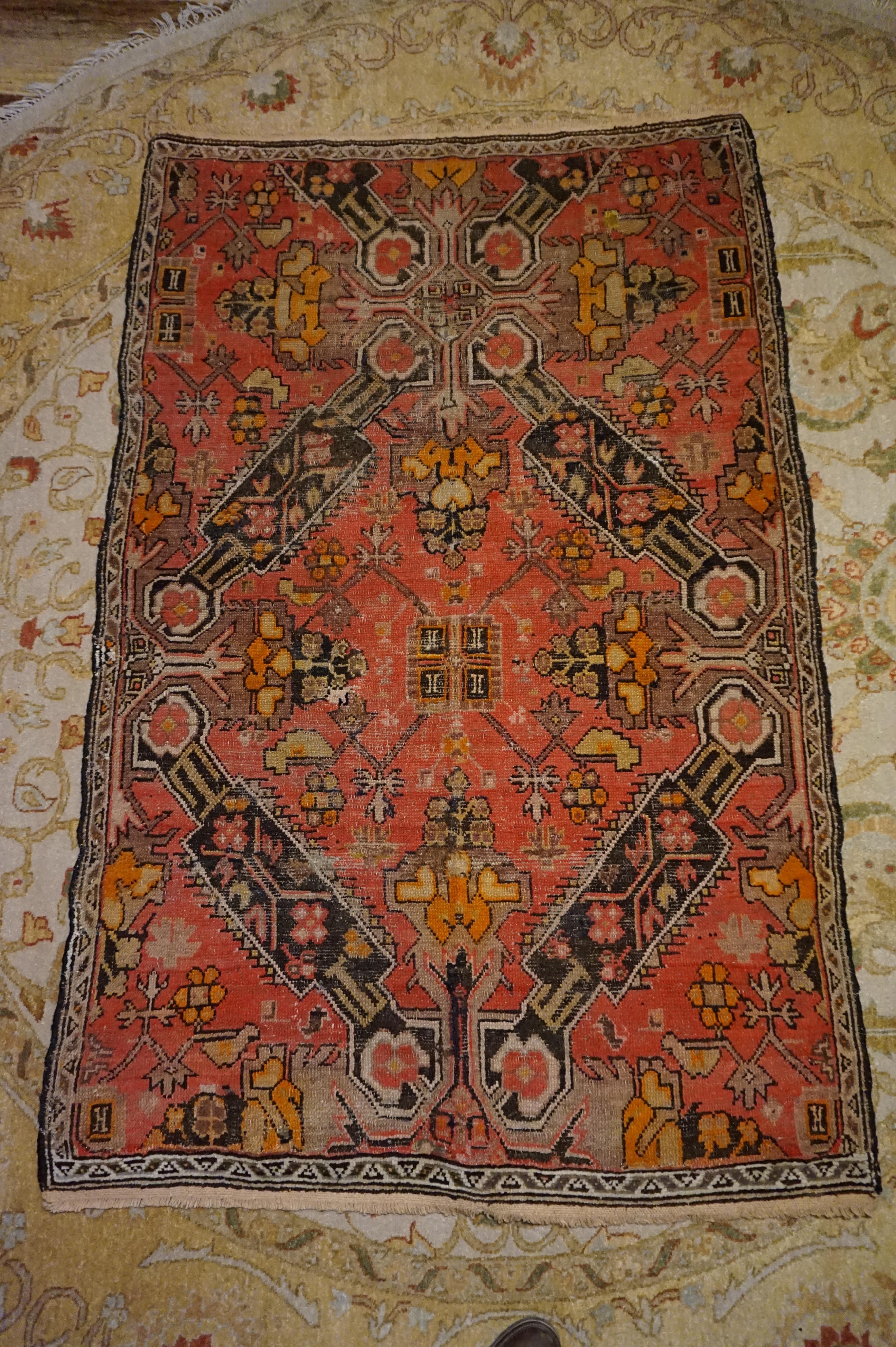 Hand-Knotted 1920's Georgia Caucasus Hand-knotted Rug With Kite Medallions & Geometric Scheme For Sale