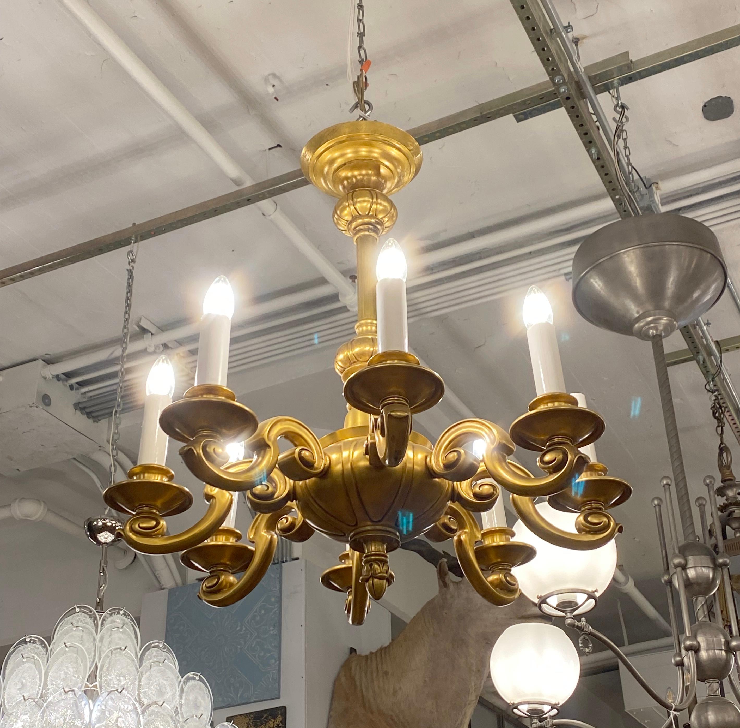 Plated 1920s Georgian Style 8 Arm Gilt Bronze Chandelier For Sale