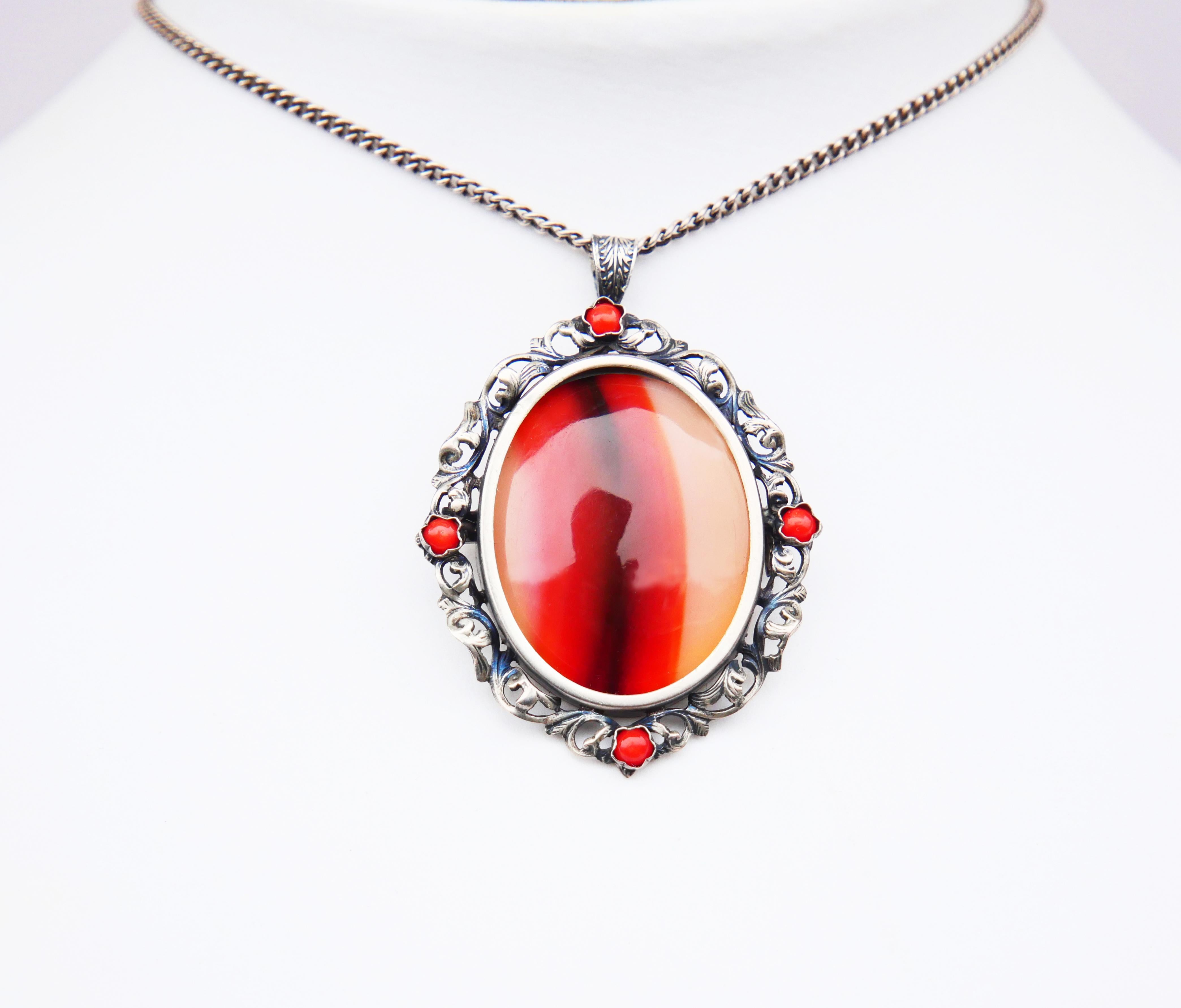 1920s German chained Pendant Brooch Banded Red Onyx Red Coral Silver ...