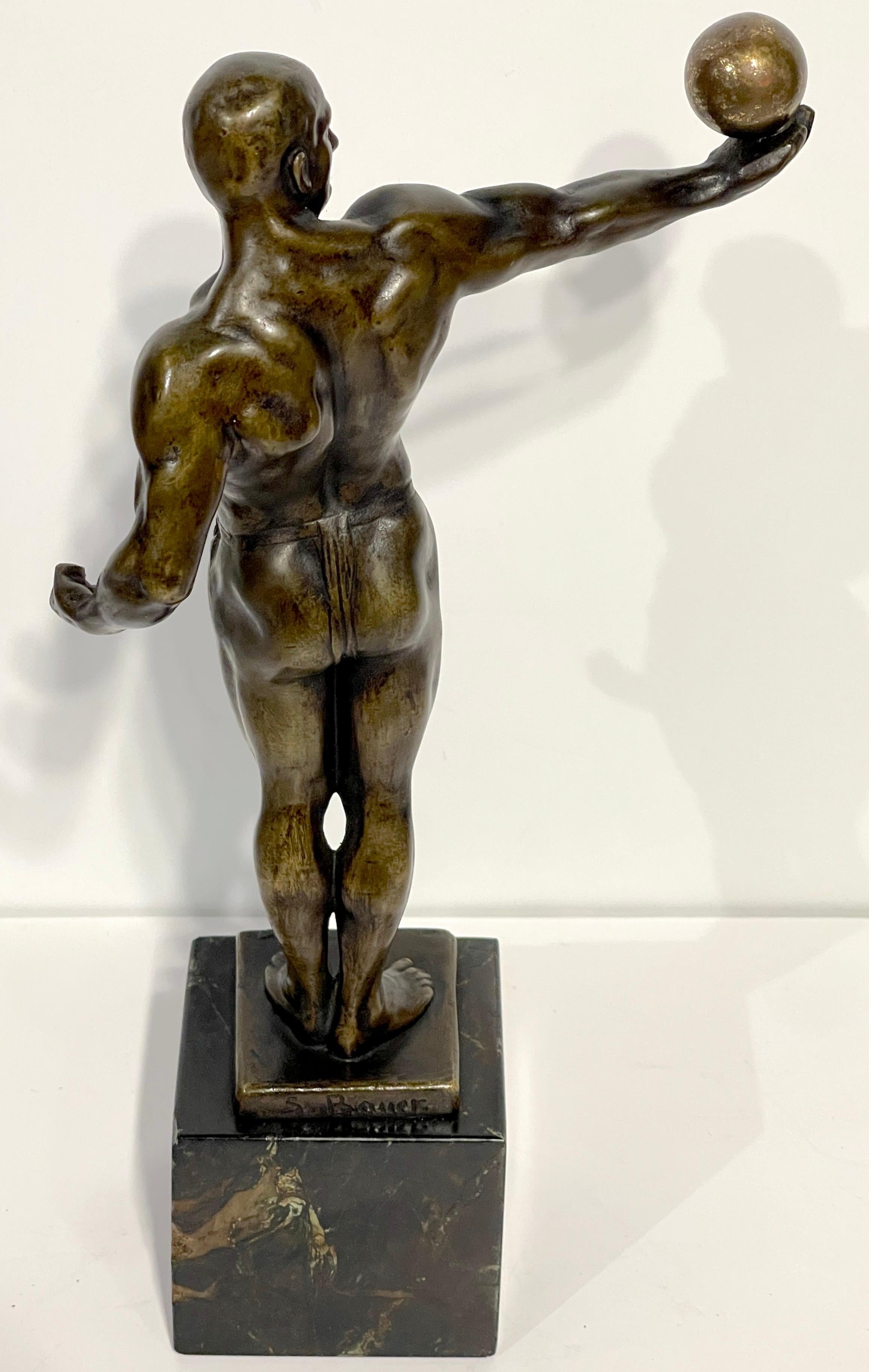 1920s German Greco-Roman Style Bronze Male Physique Sculpture by S. Bauer  2