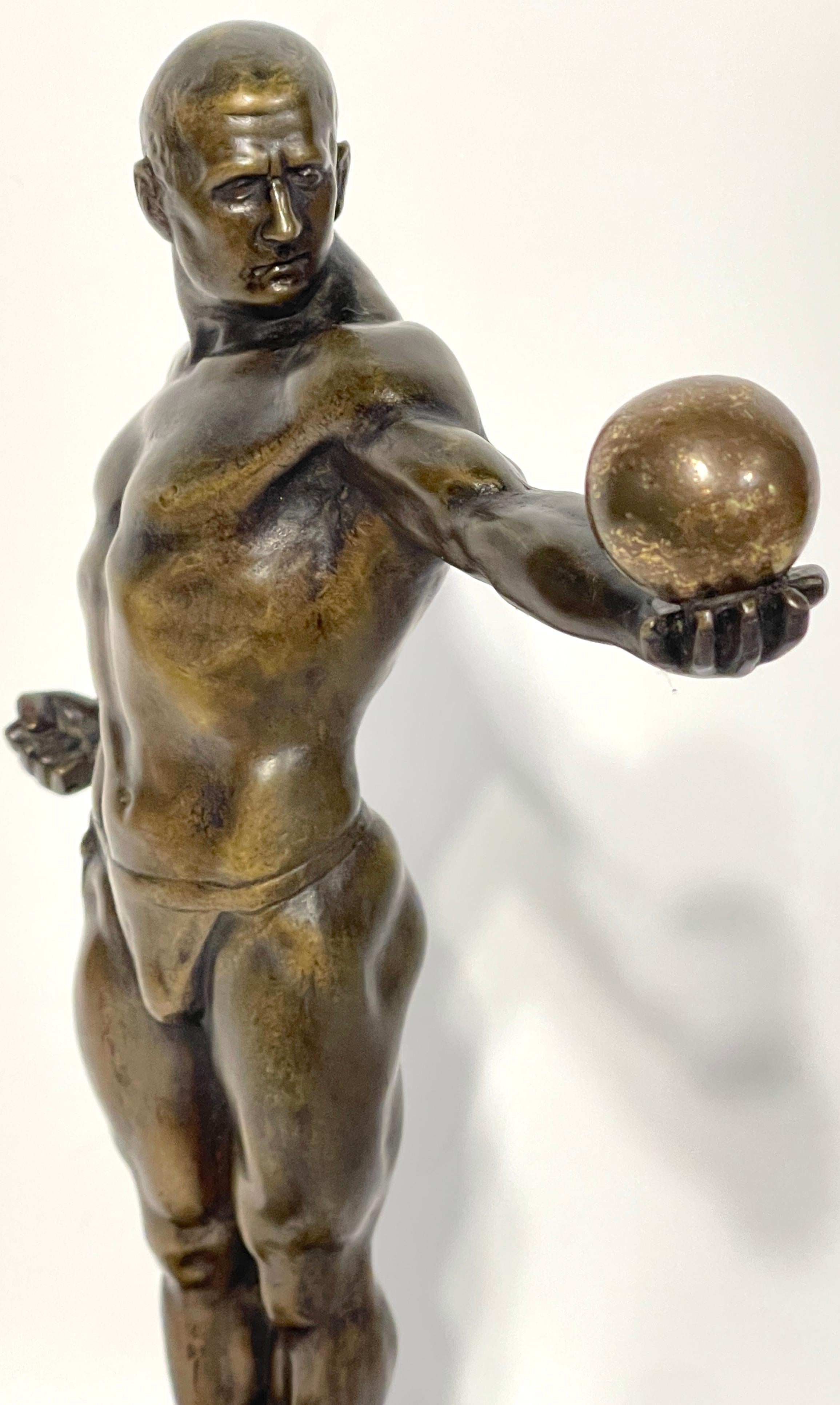 1920s German Greco-Roman Style Bronze Male Physique Sculpture by S. Bauer  In Good Condition In West Palm Beach, FL