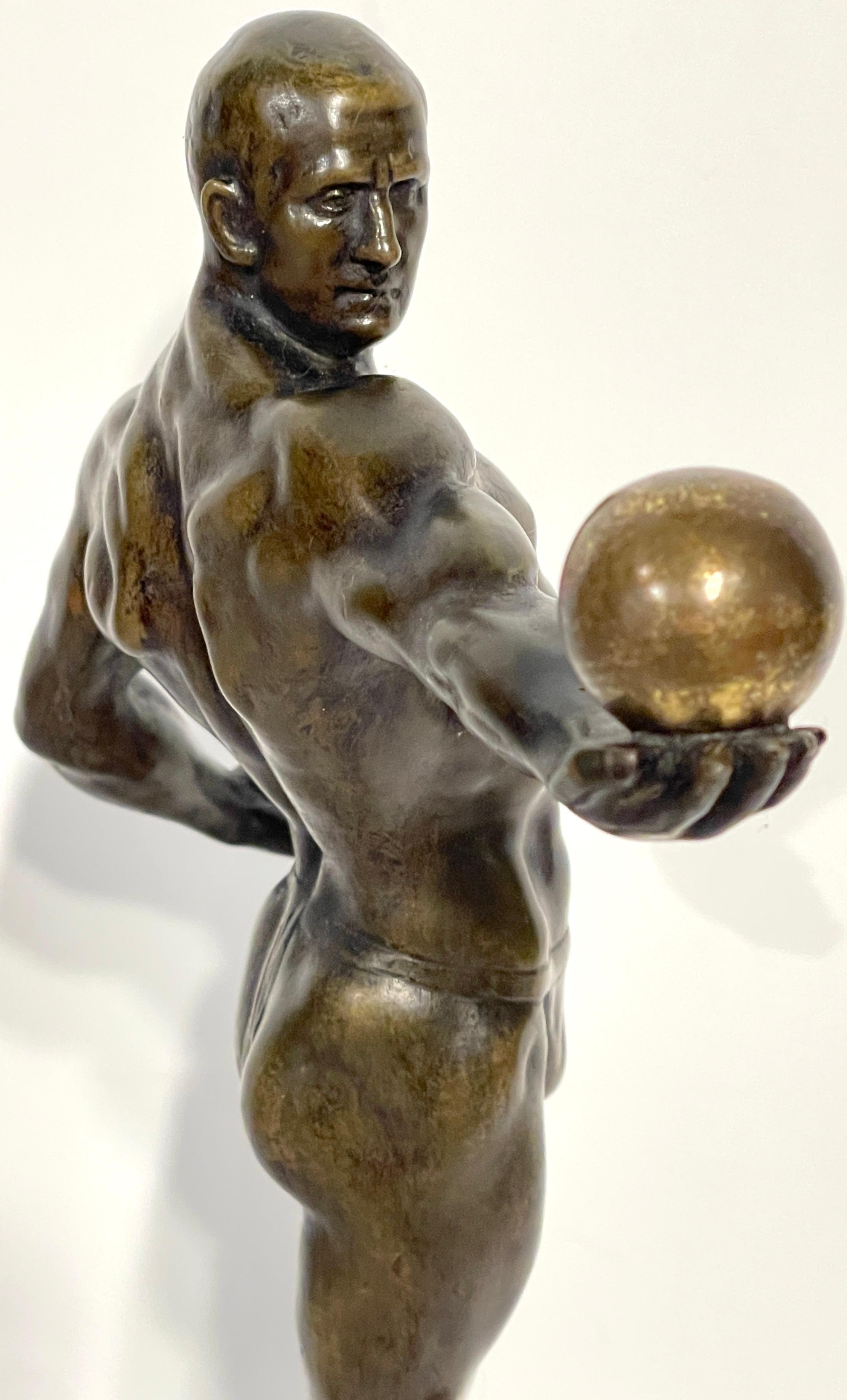 1920s German Greco-Roman Style Bronze Male Physique Sculpture by S. Bauer  1
