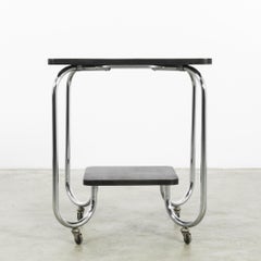 1920s German Metal Table with Wooden Top on Wheels