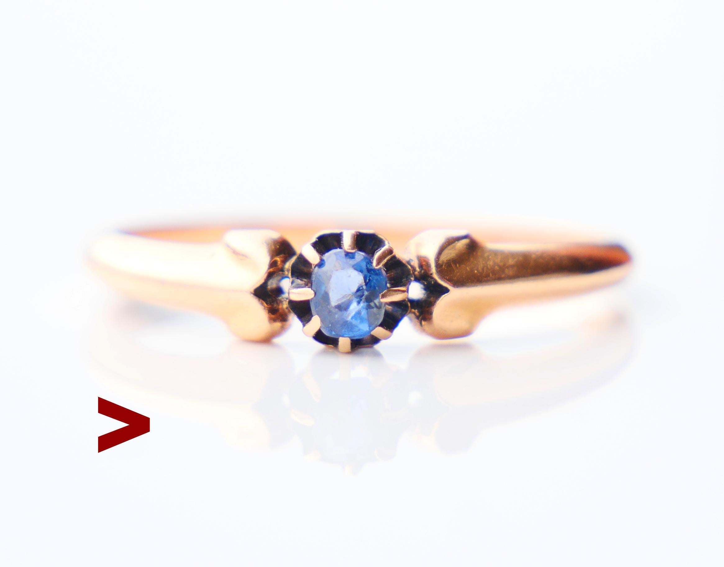 Antique German Ring in Rose Gold featuring old cushion cut natural Sapphire 4 mm x 3 mm / ca 0.2 ct . Light Blue color, minor inclusions and flaws are visible under x 10 magnification. I got it together with another Emerald in 14K Gold German ring