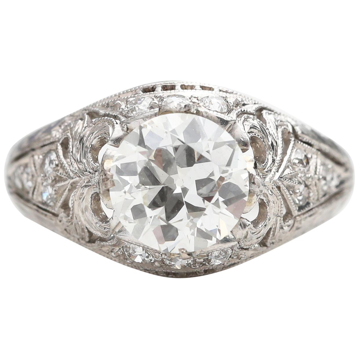 1920s GIA Certified 1.90 Carat Total Diamond Platinum Engagement Ring