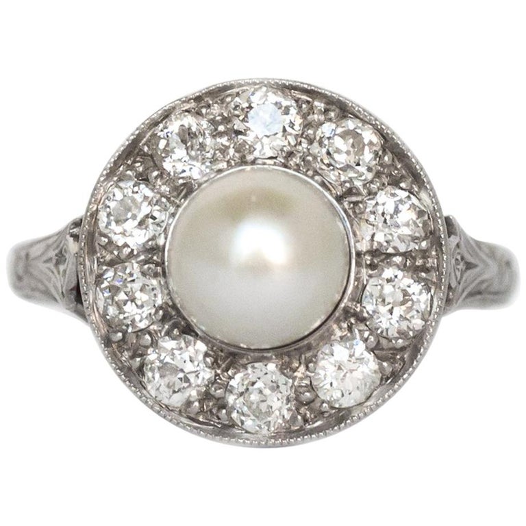 1920s GIA Certified Pearl Diamond Platinum Engagement Ring 1