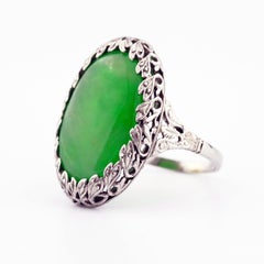 1920s GIA Certified Untreated Water Jadeite Jade Ring in Platinum
