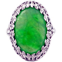 1920s GIA Certified Untreated Water Jadeite Jade Ring in Platinum