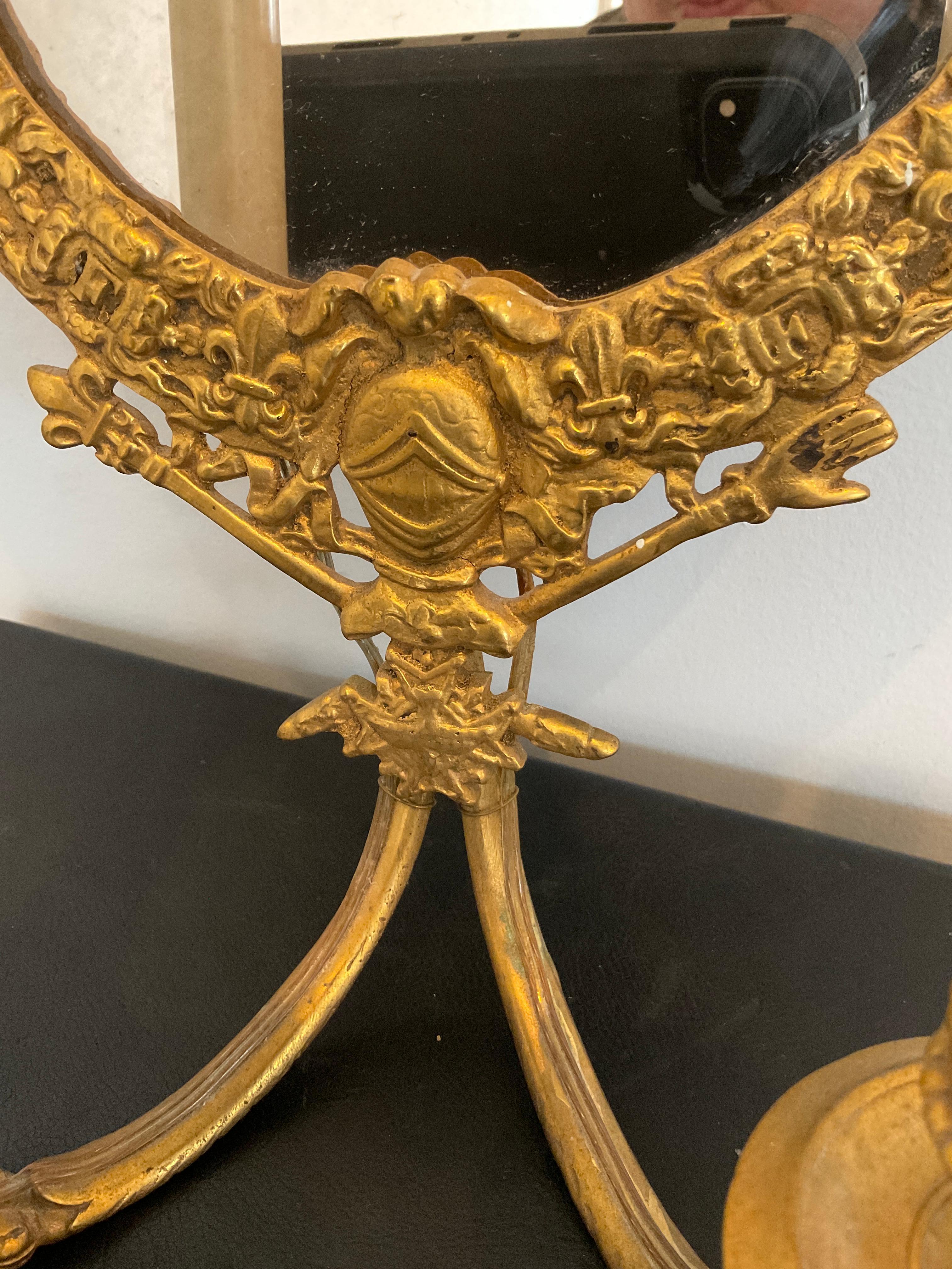 1920s Gilt Bronze Mirrored Knight Sconces with Crown Top For Sale 6