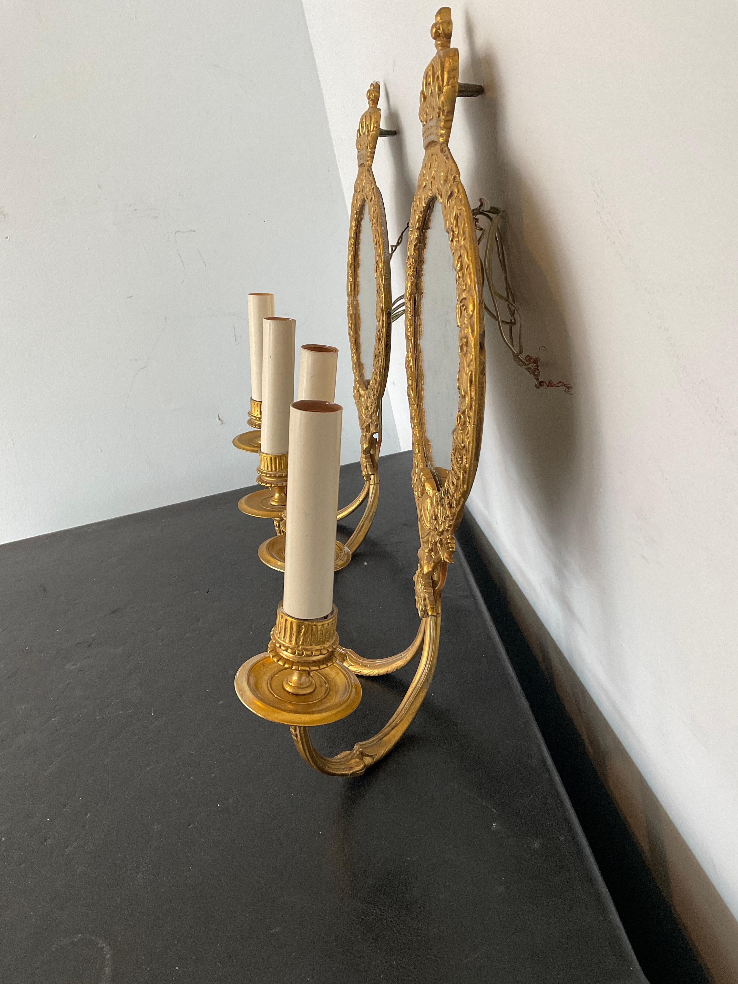 1920s Gilt Bronze Mirrored Knight Sconces with Crown Top In Good Condition For Sale In Tarrytown, NY