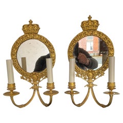 1920s Gilt Bronze Mirrored Knight Sconces with Crown Top