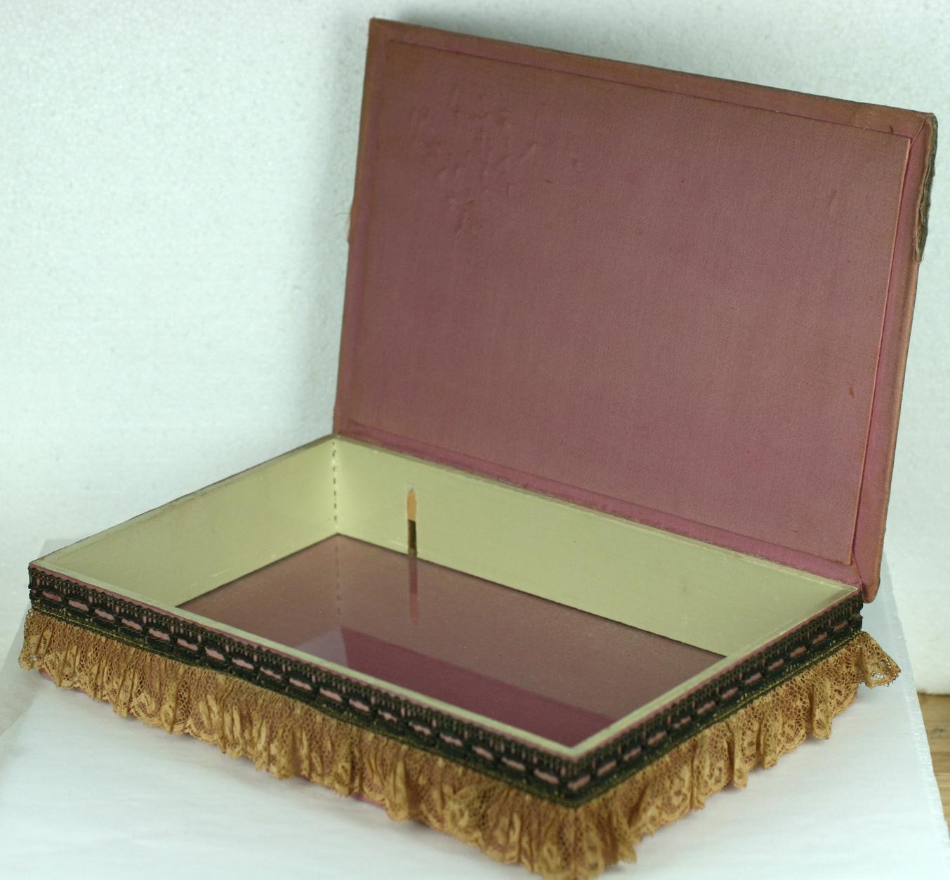 Brown 1920's Gilt Lace and Silk Ribbon Dresser Box For Sale