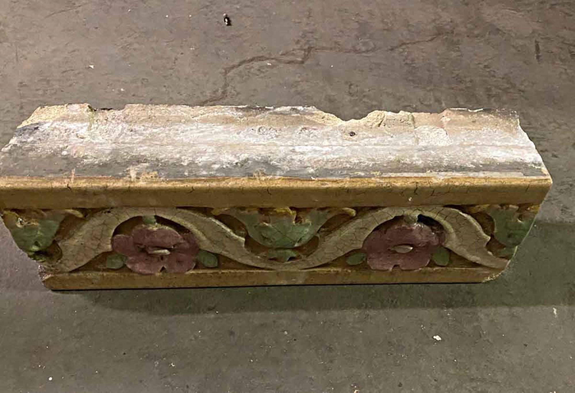 1920s glazed polychrome terracotta floral trim pieces from a building facade. Some small chipping. Small quantity available at time of posting. Priced each. Please inquire. Please note, this item is located in our Scranton, PA location.