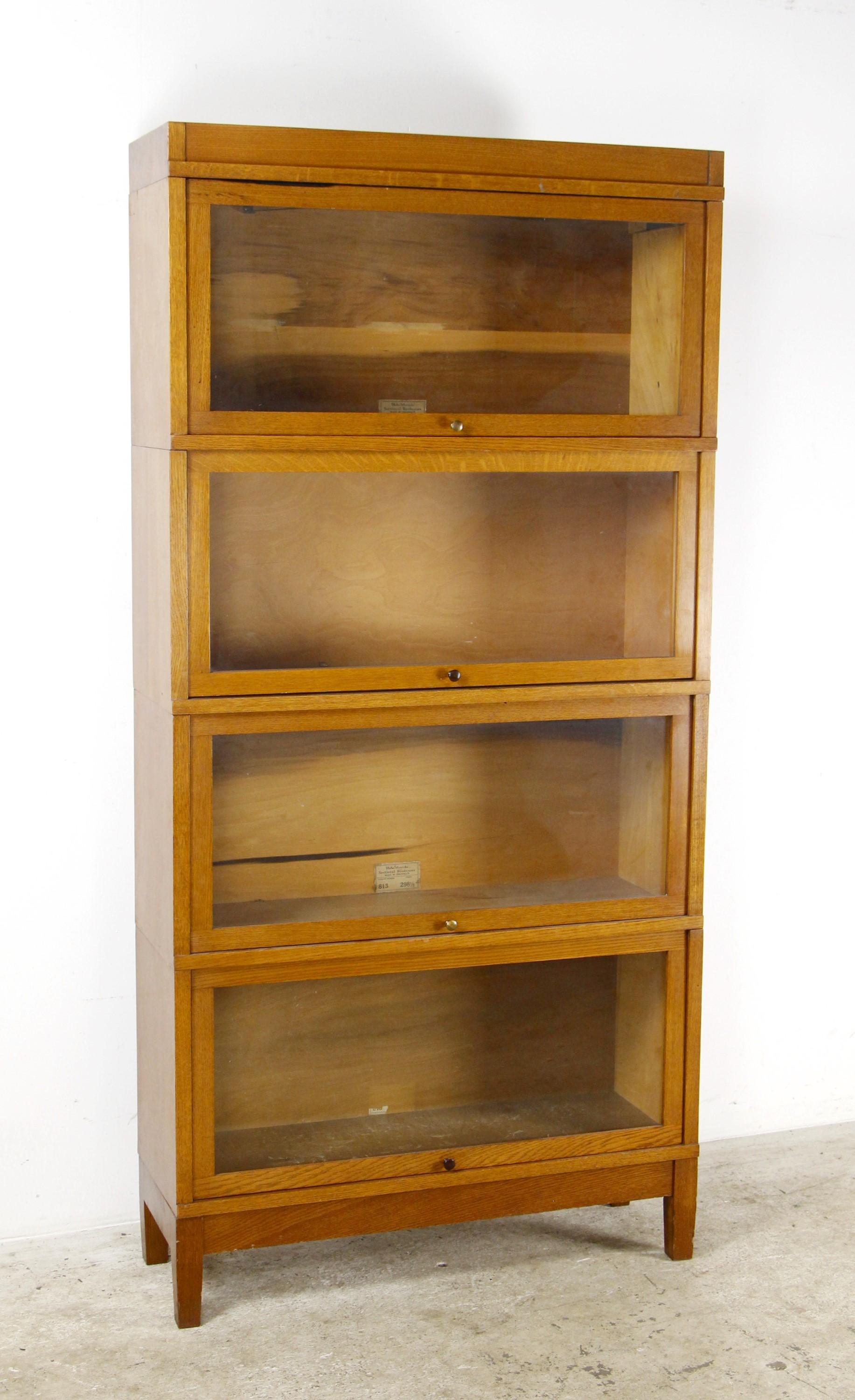 1920s GlobeWernicke Oak 4 Sectional Barrister Bookcase w Glass Doors