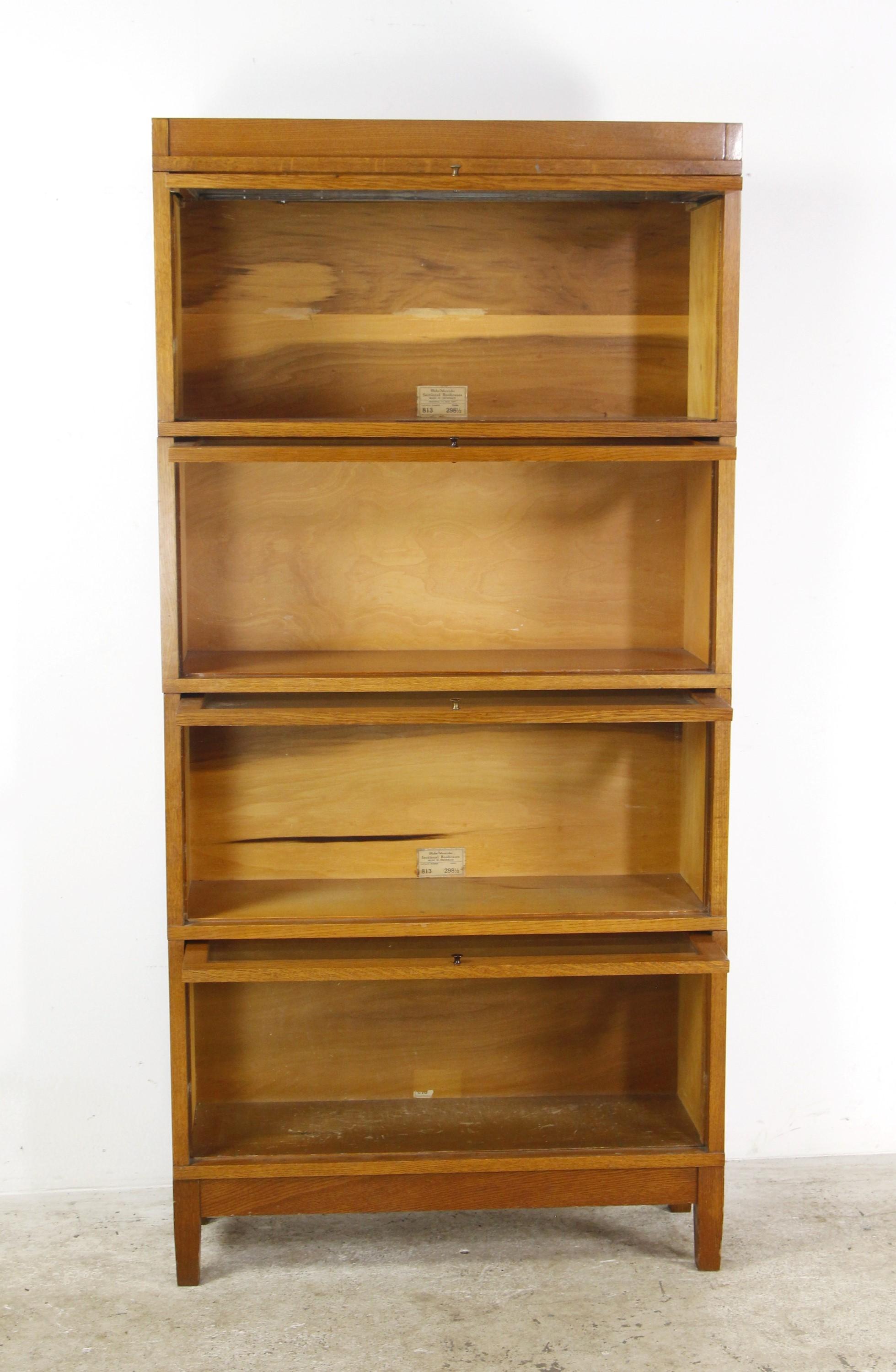 1920s GlobeWernicke Oak 4 Sectional Barrister Bookcase w Glass Doors