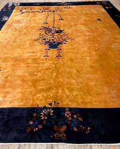 1920s Gold Field Vase Spray Flowers Shou Symbols Antique Chinese Art Deco Rug