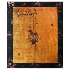 1920s Gold Field Vase Spray Flowers Shou Symbols Antique Chinese Art Deco Rug