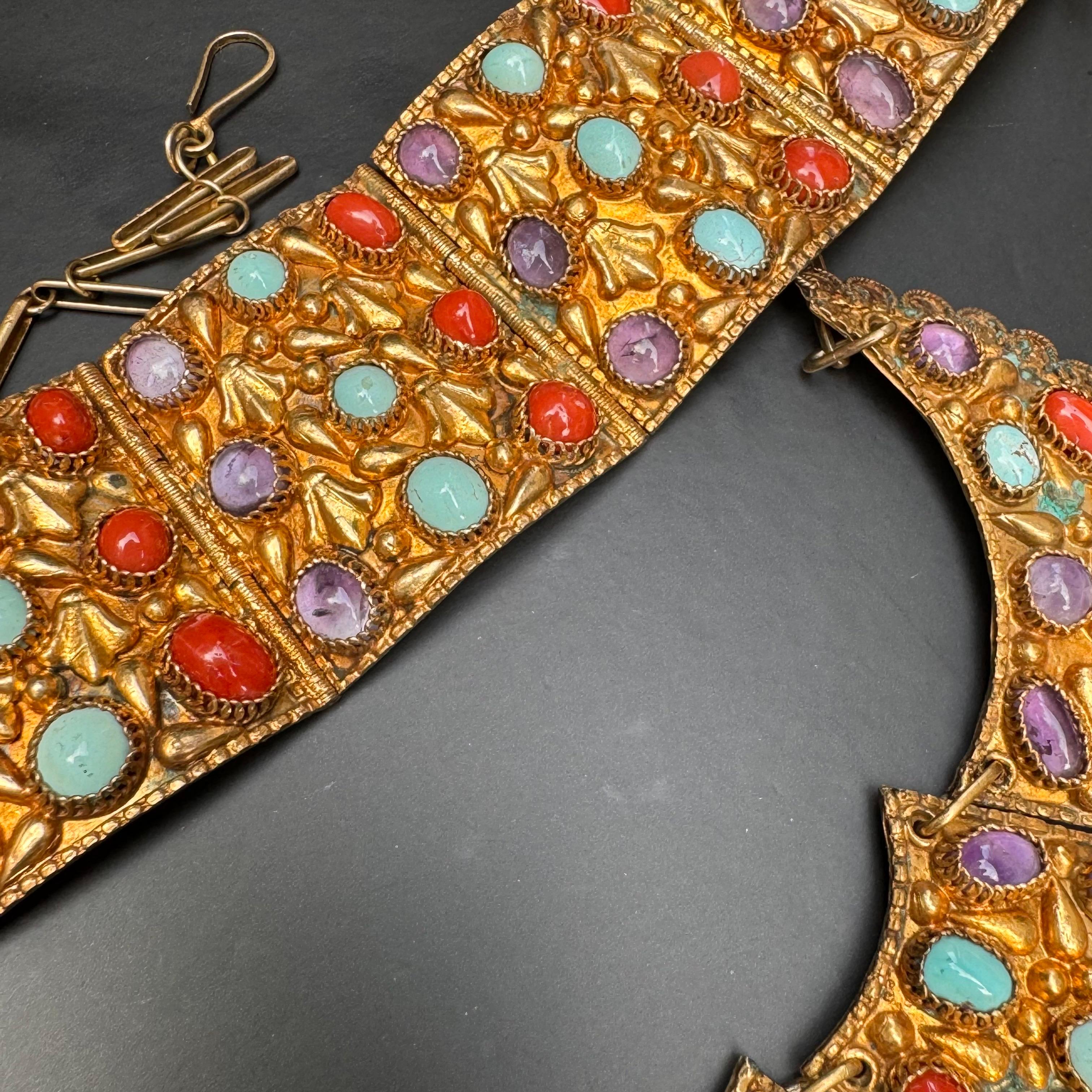 1920s Gold Gilt silver Gemstones bib necklace Bracelet Original box For Sale 5