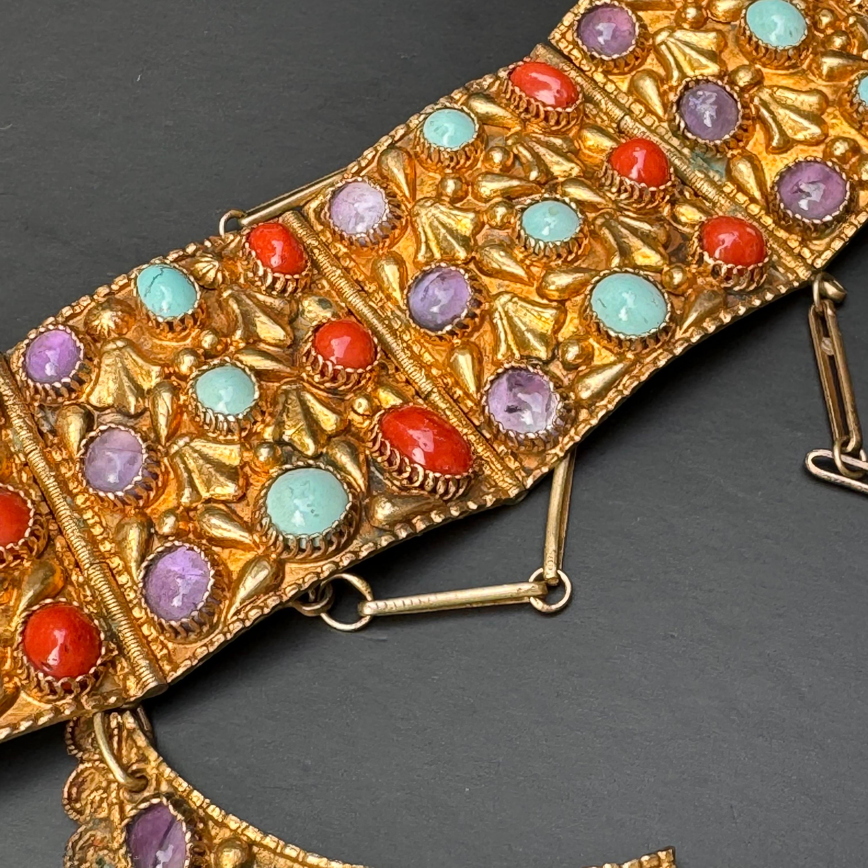 1920s Gold Gilt silver Gemstones bib necklace Bracelet Original box For Sale 6