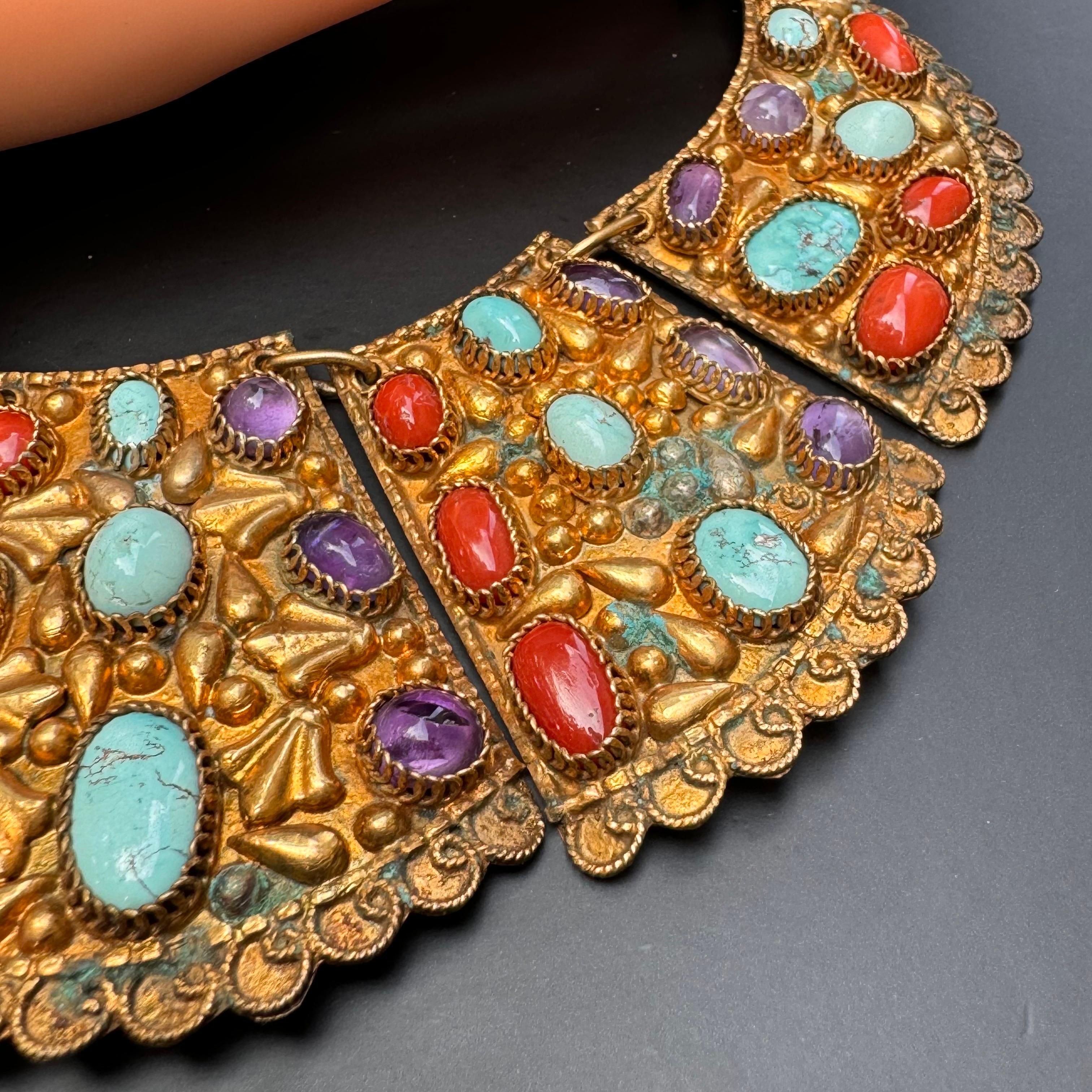 1920s Gold Gilt silver Gemstones bib necklace Bracelet Original box For Sale 2