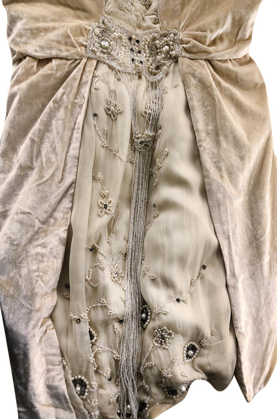 1920s Gold Ivory Silk Velvet & Silk Chiffon Pearl Flower Beaded Dress 9