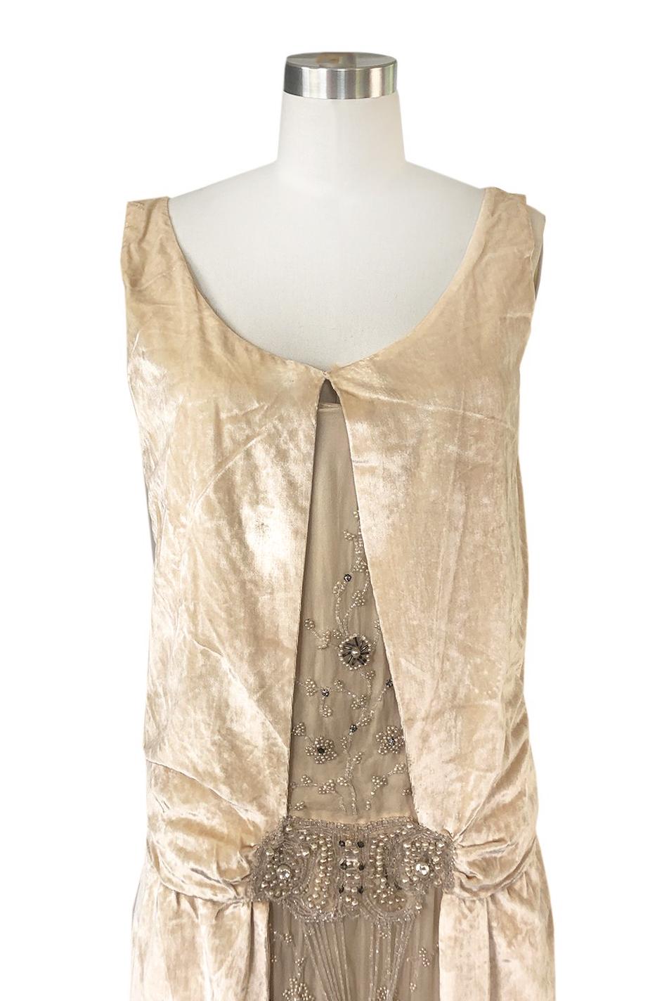 1920s Gold Ivory Silk Velvet & Silk Chiffon Pearl Flower Beaded Dress 2