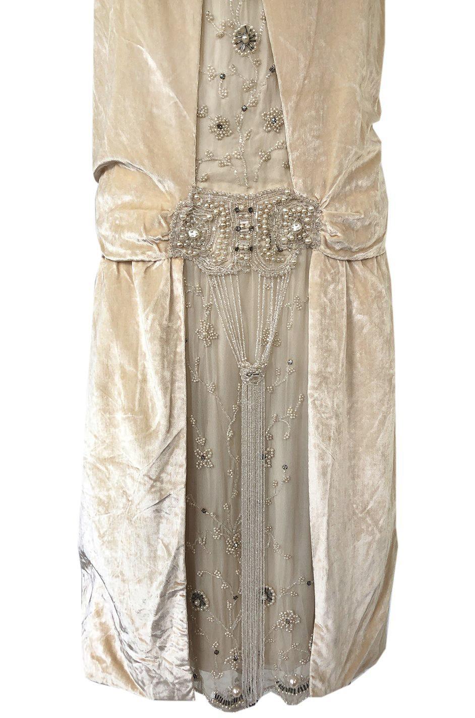 1920s Gold Ivory Silk Velvet & Silk Chiffon Pearl Flower Beaded Dress 4