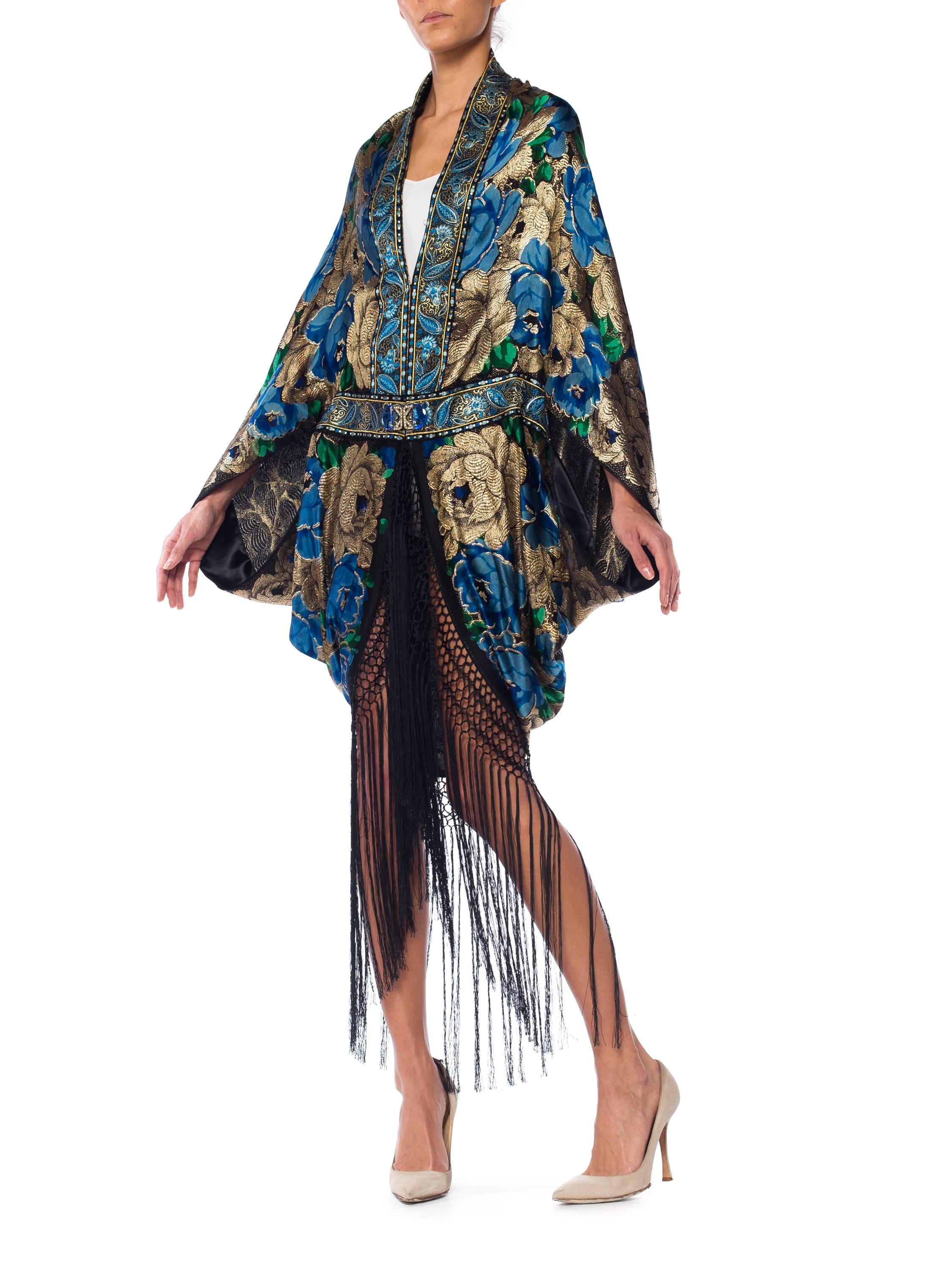 MORPHEW COLLECTION Floral Printed Silk & Gold Deco Lame Cocoon With Fringe Made 2