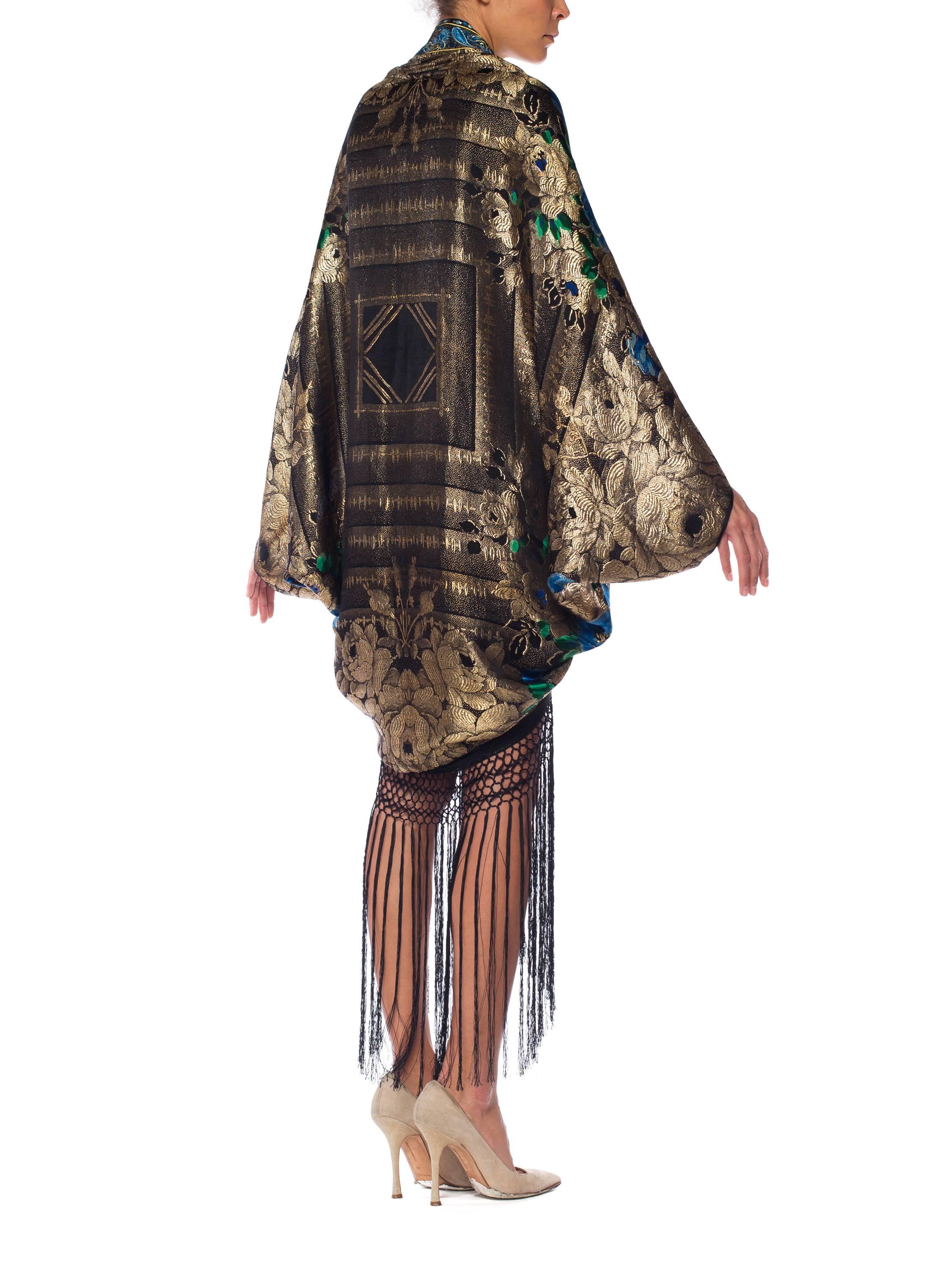 MORPHEW COLLECTION Floral Printed Silk & Gold Deco Lame Cocoon With Fringe Made 1