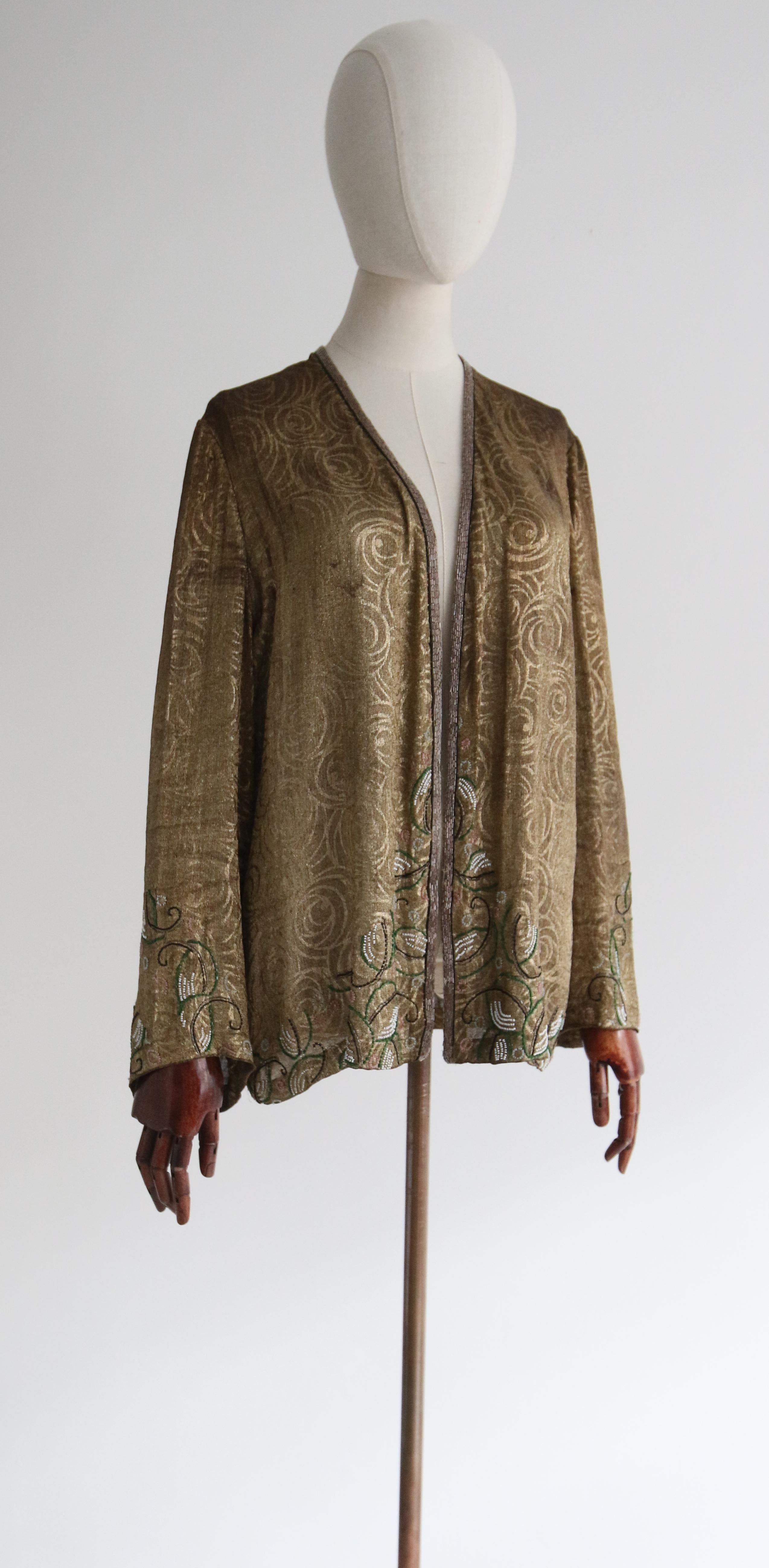 Women's or Men's 1920'S Gold Lamé Bead Embellished Jacket UK 10 US 6 For Sale