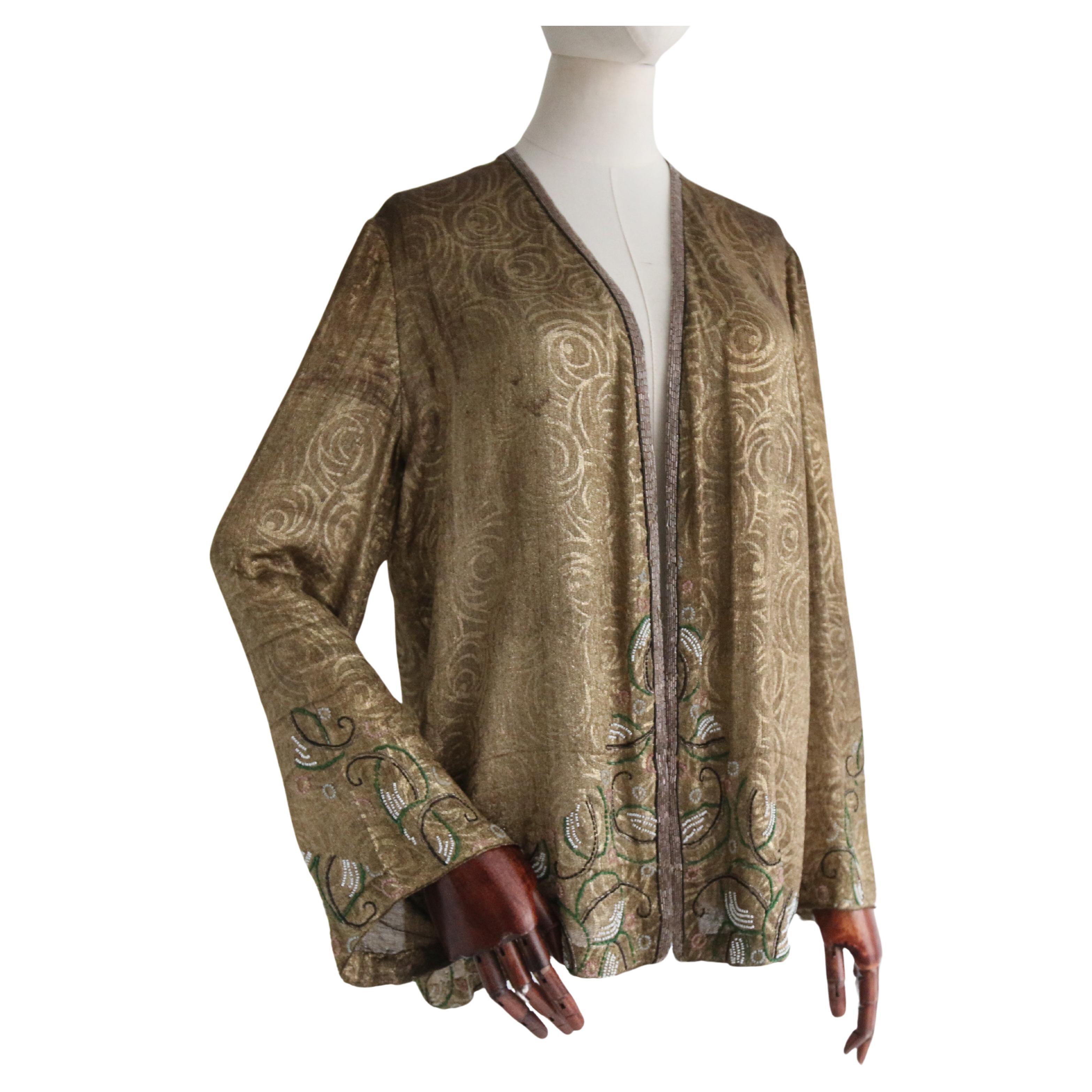 1920'S Gold Lamé Bead Embellished Jacket UK 10 US 6 For Sale