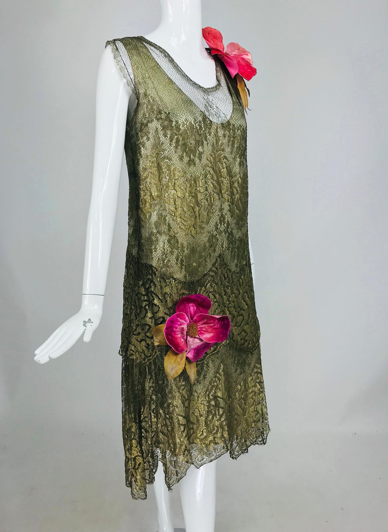 1920s Gold Metallic Lace Flapper Dress Vintage 5