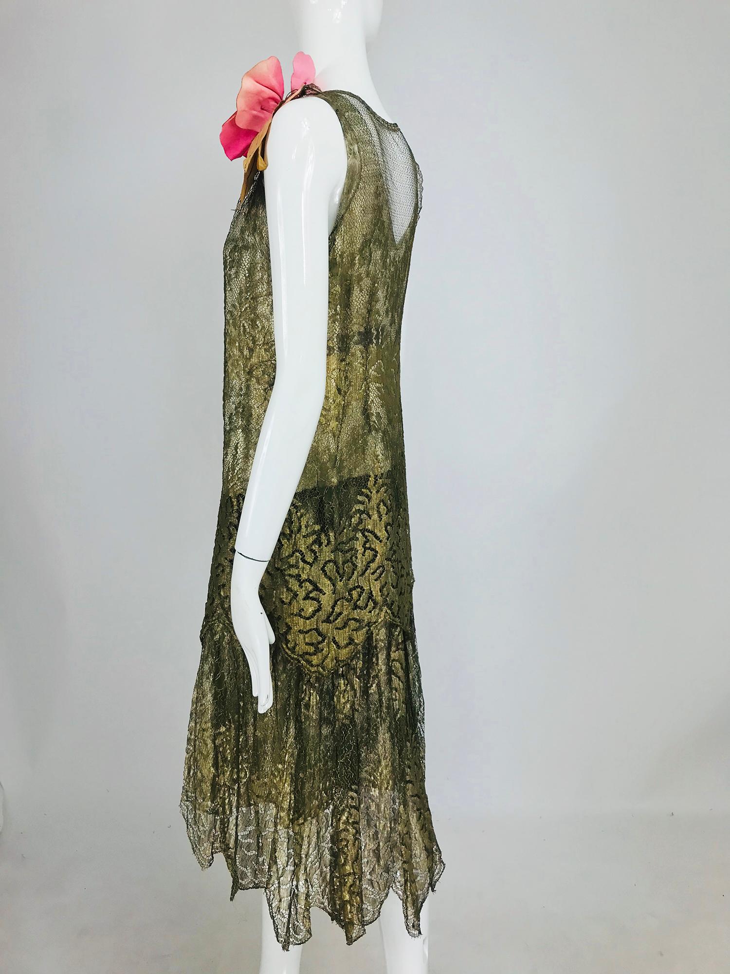 Brown 1920s Gold Metallic Lace Flapper Dress Vintage