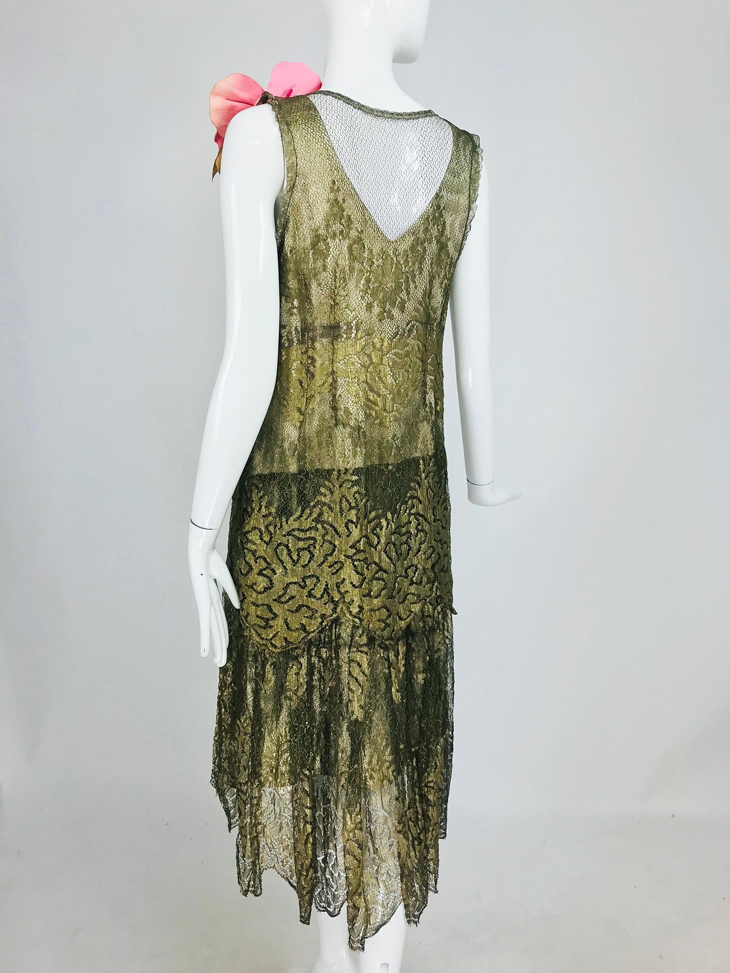 Women's 1920s Gold Metallic Lace Flapper Dress Vintage