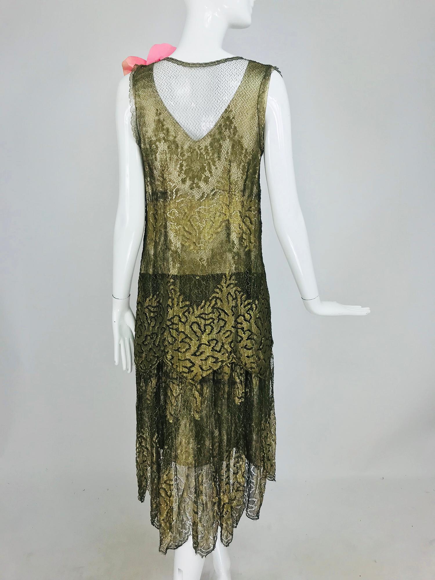 1920s Gold Metallic Lace Flapper Dress Vintage 1