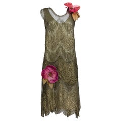 1920s Gold Metallic Lace Flapper Dress Vintage