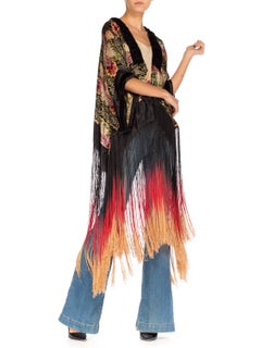 1920s Gold Metallic Lamé Piano Shawl Kimono with Fringe