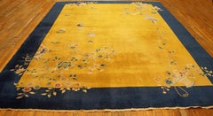1920s Gold Navy Asymmetric Floral Antique Chinese Art Deco Rug 9'x11'6" Carpet